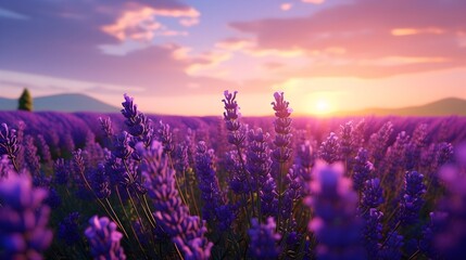 A field of lavender stretches to the horizon, vibrant purple blooms swaying in the breeze.