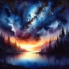 Watercolor night landscape with a lake and starry sky