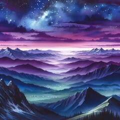 Watercolor night landscape with mountains