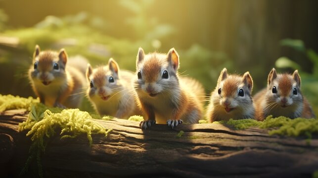 A group of chipmunks scurries along a fallen log, their cheeks stuffed with nuts. 