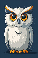 Obraz premium A charming snowy cartoon owl with amber yellow eyes.