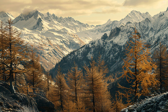 Landscape of the Italian Alps in autumn, with brown larch trees and snowcapped mountains, in the style of high resolution photography, in the style of high definition