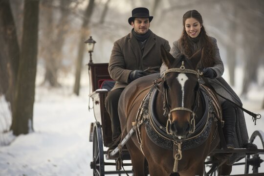 Romantic sleigh ride scene with a woman wearing a horse-drawn carriage pendant.