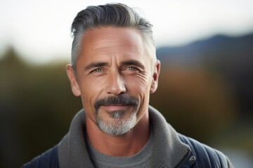 Portrait of a handsome mature man with grey beard and mustache looking at camera outdoors