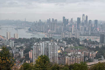 Obraz premium Aerial view of Chongqing skyline and river scenery in the early morning