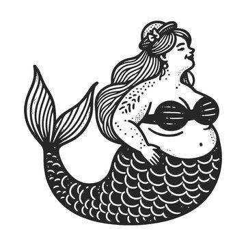 Enchanting overweight Mermaid sketch engraving generative ai fictional character vector illustration. Scratch board imitation. Black and white image.