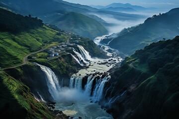 Majestic waterfall in lush wilderness  aerial view poster capturing nature s grandeur
