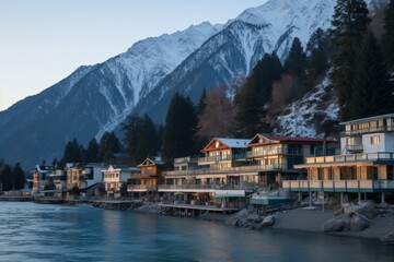 Fototapeta na wymiar Tranquil winter scene snowy village, cozy cabins, pine trees, cool blue palette at twilight