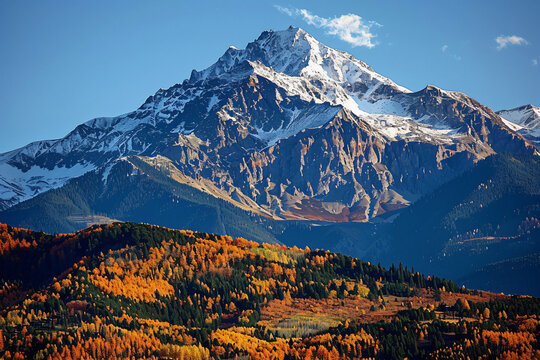 photo of mountain in the Alps, high contrast, brown and grey tones, autumn colors, pine trees on the mountainside, snow covered peak, clear sky, wide angle scene