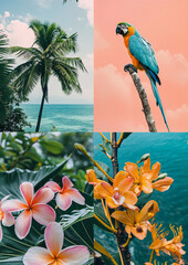 Collage of tropical Brazilian plants and flowers, snapshot style artwork with tropical vibes, blue parrot, perfect background for vacation or holiday design, sea, 
