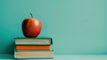 Red apple atop a neat stack of colorful books against a turquoise background