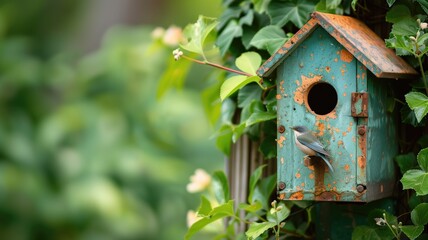 Fototapeta na wymiar A rustic birdhouse with a bluebird perched, surrounded by foliage