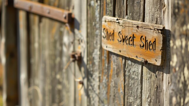 A weathered 'Shed Sweet Shed' sign on a wooden door
