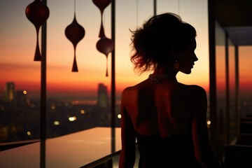 Sleek city rooftop bar with a focus on a woman wearing skyline silhouette earrings.