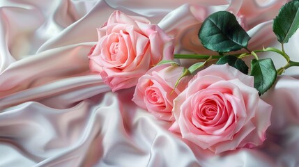 pink roses on soft silk - obrazy, fototapety, plakaty