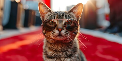 Cat Struts the Red Carpet in Hollywood Glamour, Rocking Stylish Sunglasses. Concept Hollywood Glamour, Cat Fashion, Stylish Sunglasses, Red Carpet Strut