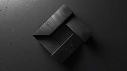 Minimalist design showcasing a matte black geometric shape with a subtle texture on a dark, speckled surface.