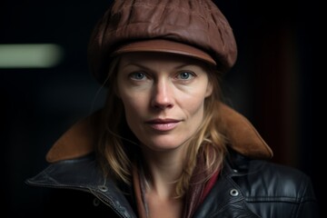 Portrait of a beautiful woman wearing a cap and leather jacket.