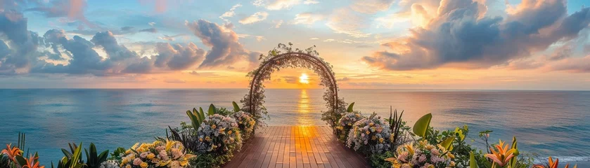Fotobehang A beautiful sunset provides a breathtaking backdrop for a wedding ceremony by the ocean © Creative_Bringer