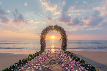 A beautiful wedding setup on the beach with a floral arch and petals lining the aisle - obrazy, fototapety, plakaty