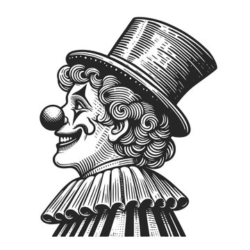 recommend clip art: Circus clown with a top hat and a cheerful expression sketch engraving generative ai fictional character vector illustration. Scratch board imitation. Black and white image.