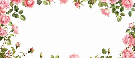 A delicate floral frame composed of pink roses and green leaves on a white background
