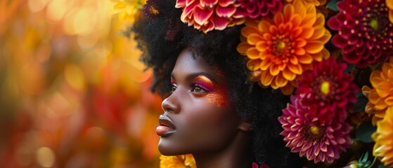 A fashionable model makes a bold statement with her afro hairstyle adorned with vibrant flowers