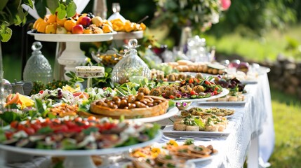 A gourmet wedding buffet table laid out with an assortment of delicious dishes - obrazy, fototapety, plakaty