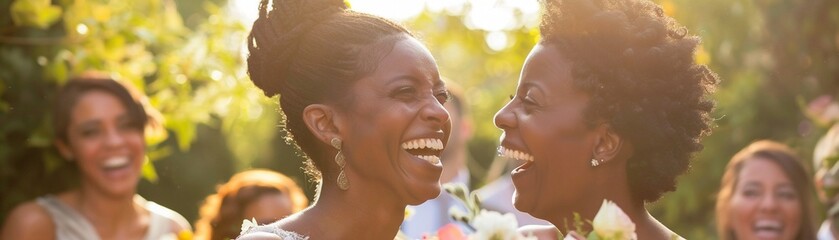 A lesbian couple laughs joyfully surrounded by friends and family - obrazy, fototapety, plakaty