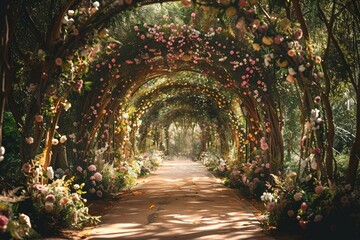 A romantic park aisle is framed by a stunning floral archway with sunlight filtering through the trees