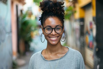 A smiling woman stands confidently in an urban environment - obrazy, fototapety, plakaty