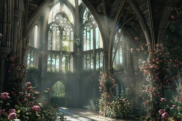A spacious gothic hall bathed in sunlight with towering windows and climbing pink roses
