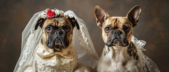 A Two dogs humorously dressed in traditional wedding attire