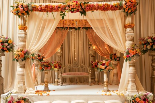 A traditional Indian wedding mandap exquisitely decorated with flowers and drapes