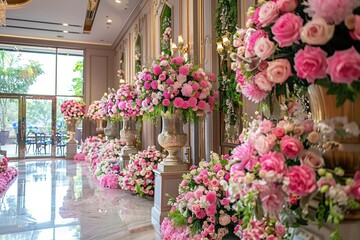 An elegant hall is lavishly decorated with lush pink flower arrangements