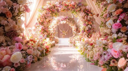 An elegant wedding arch covered in lush flowers sets a romantic stage for a fairytale marriage ceremony - obrazy, fototapety, plakaty