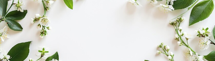 An elegant wedding invitation mockup framed by delicate white flowers and greenery on a white background