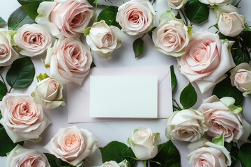 An elegant wedding invitation mockup lies surrounded by soft pink roses