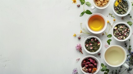 Obraz na płótnie Canvas Various herbal teas in white cups on a white table