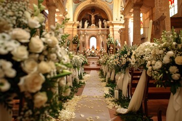 Fototapeta na wymiar An elegant wedding venue is adorned with lush floral decorations ready for a ceremonial celebration