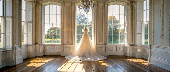 An elegant wedding dress stands on display in a vintage-styled room with large windows and classical architecture
