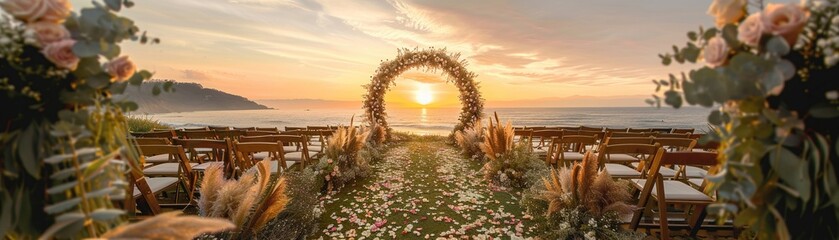An enchanting outdoor wedding aisle adorned with a beautiful floral arch - obrazy, fototapety, plakaty