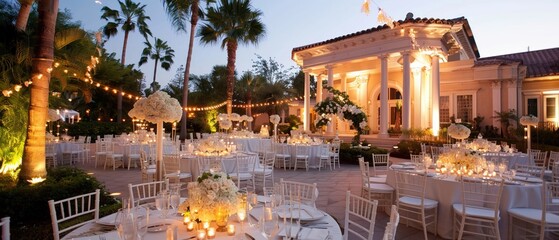 An elegant white garden wedding reception venue is ready to welcome guests - obrazy, fototapety, plakaty