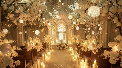 An enchanting wedding chapel decorated with white flowers candles