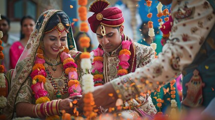 An Indian bride and groom in traditional wedding attire exchanging garlands during a ritual in their marriage ceremony.