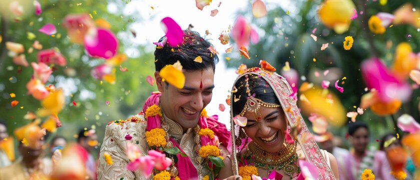An Indian couple celebrates their wedding with a vibrant flower shower