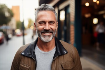 Portrait of a handsome middle-aged man on the street. - obrazy, fototapety, plakaty