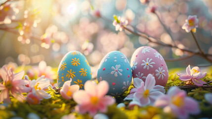 A group of eggs are nestled on a grassy field, creating a vibrant and festive Easter background with plenty of copy space. Generative AI - obrazy, fototapety, plakaty