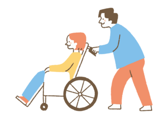若い女性が乗る車椅子を押している男性_色