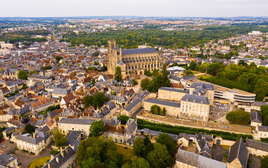 Fototapeta premium Aerial view of French commune of Bourges in summer day looking out over ancient Gothic cathedral of St Stephen..